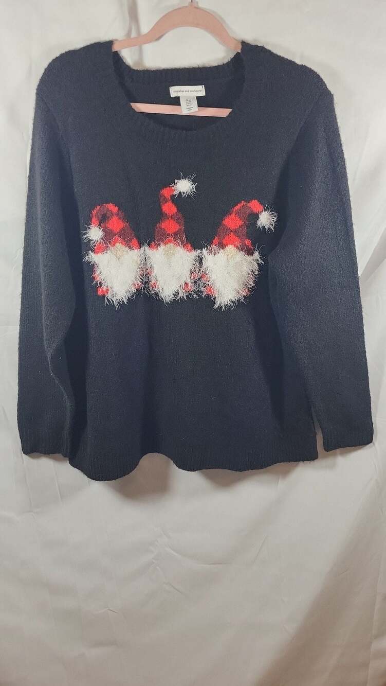 Cupcakes and Cashmere Black Holiday Gnome Sweater with Buffalo Plaid and Fuzzy D